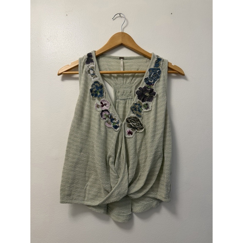 Free People Womens Racerback Top V-Neck Sleeveless Floral Embroidery Small
